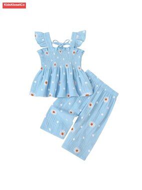 Toddler Girl Heart Daisy Print Sleeveless Camisole Linen Pants Set Summer Outfit